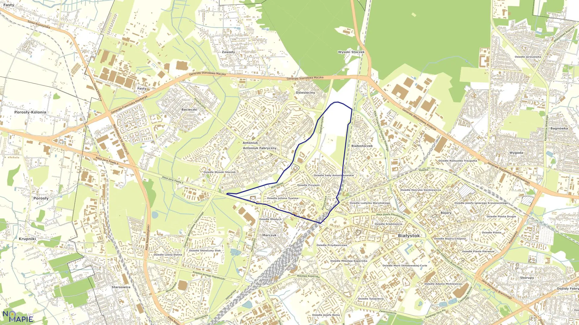 Mapa obrębu Antoniuk w mieście Białystok
