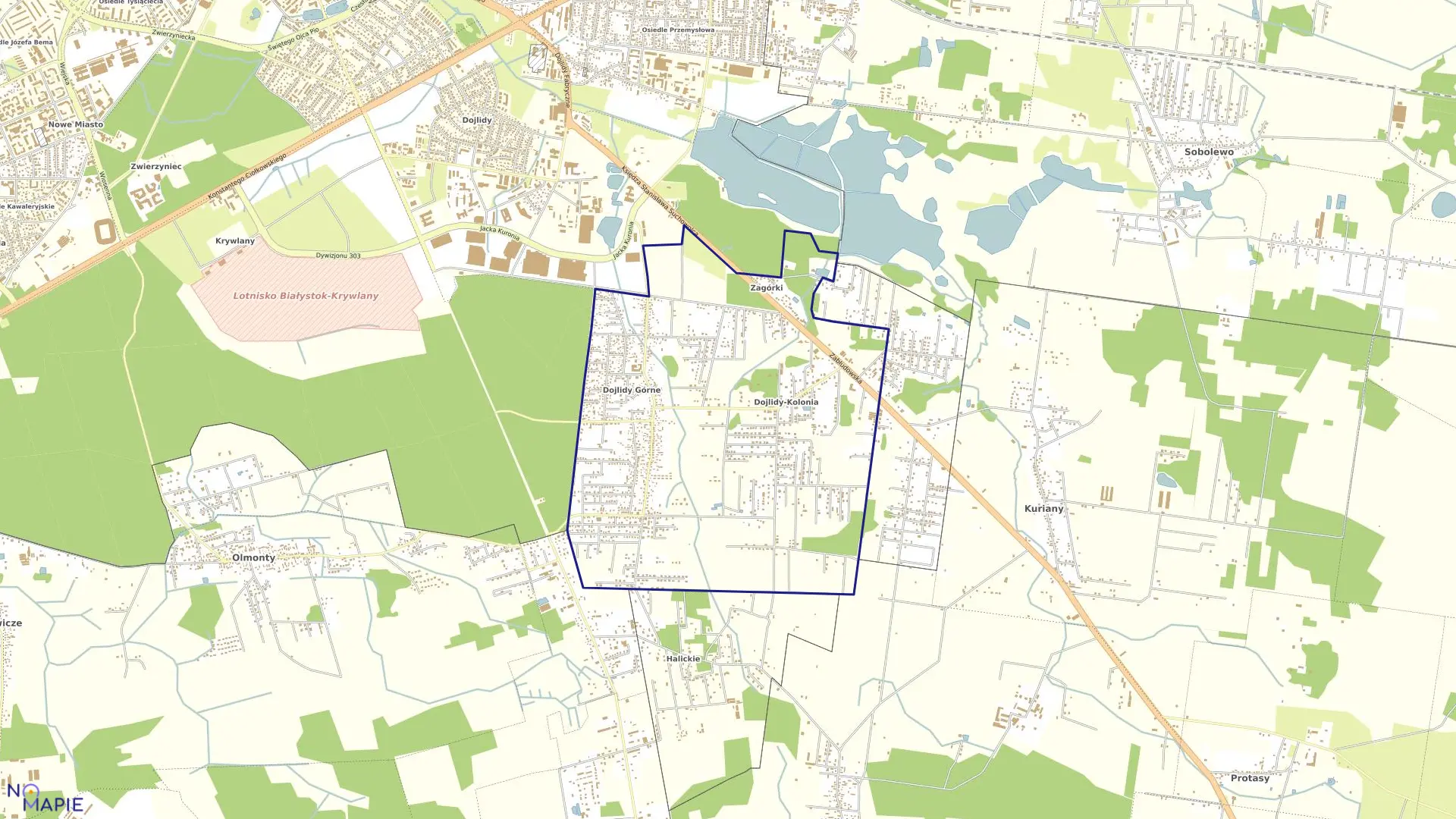 Mapa obrębu Dojlidy Górne w mieście Białystok