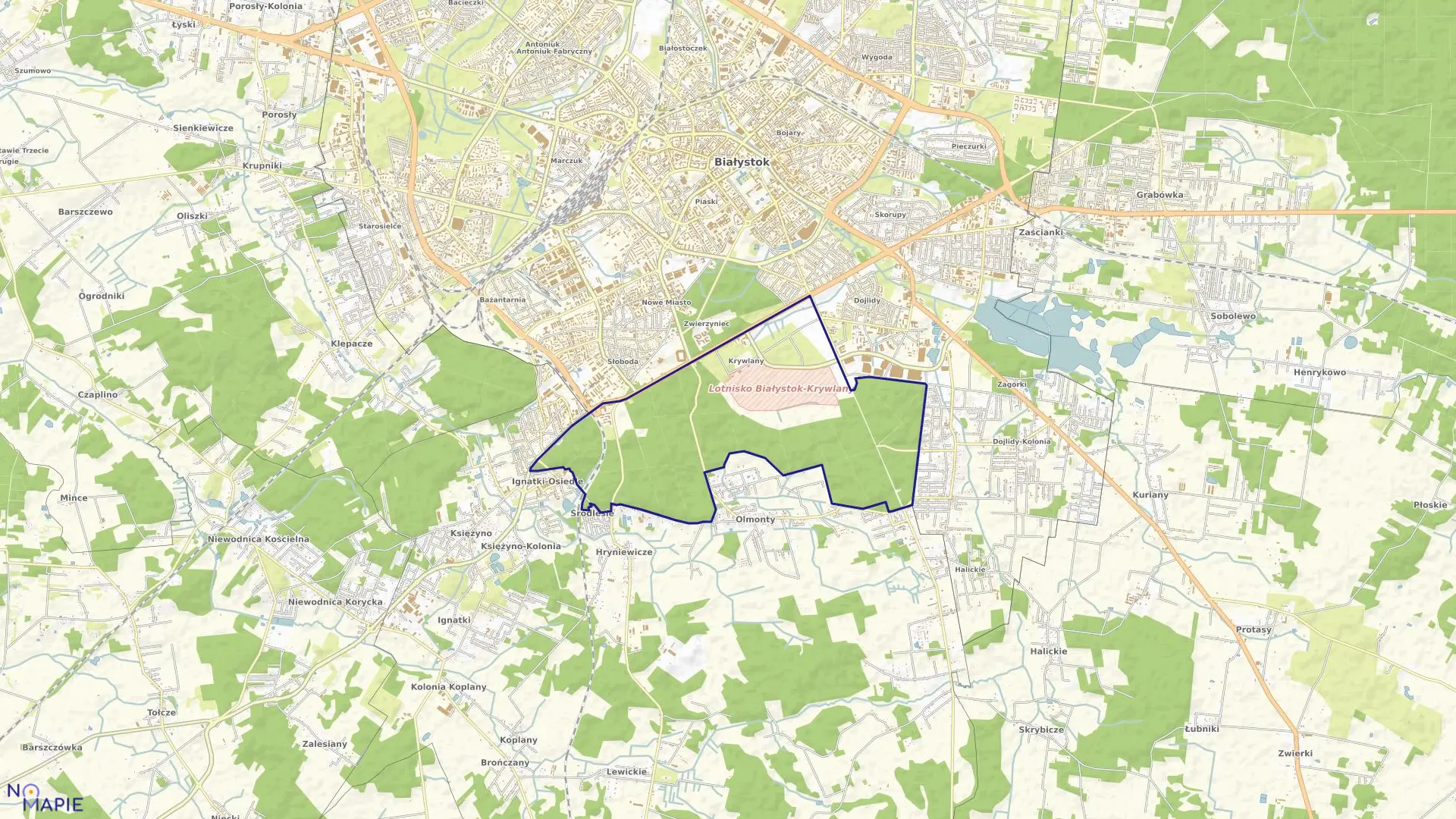 Mapa obrębu Krywlany w mieście Białystok